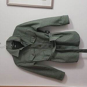 Zara Belted Shacket Jacket Green Size Small Oversized Spring Button Front